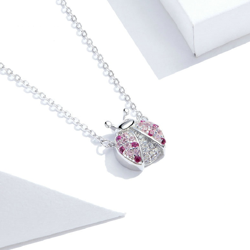 Silver Pink Ladybug Chain Necklace